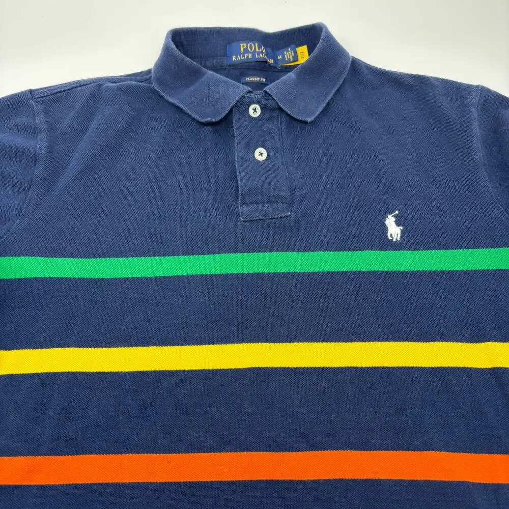 Polo Ralph Lauren Medium Navy Blue Multicolor Striped Short Sleeve Polo Shirt
